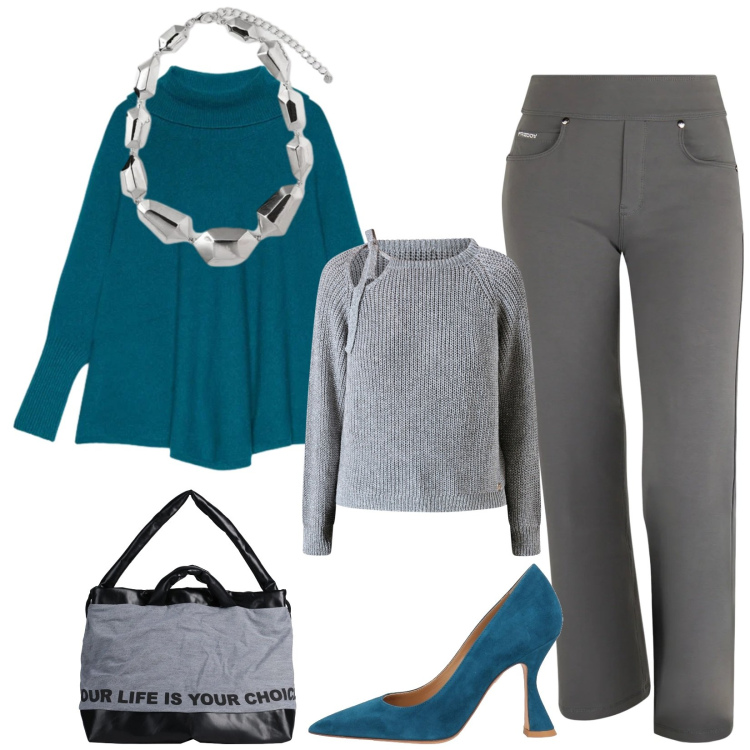 Outfit donna - Total look #2316787. Stile Minimal per Ufficio. Abbinamento con décolleté, zaini, pantaloni, maglieria, cappotti, ciondoli.