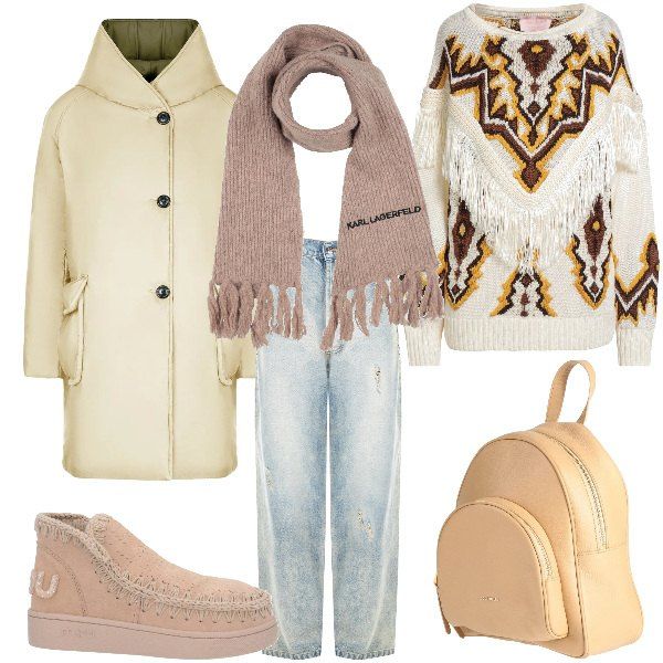 Outfit donna - Total look #2316795. Stile Etnico per Tutti i giorni. Abbinamento con stivaletti, zaini, pullovers, sciarpe, cappotti, jeans.