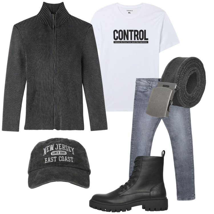 Outfit uomo - Total look #2316824. Stile Biker Rock per Tutti i giorni. Abbinamento con t-shirt, anfibi, cinture, cappelli con visiera, jeans skinny, cardigans.