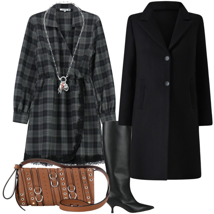 Outfit donna - Street Fashion. Stile Rock per Serata fuori. Abbinamento con stivali, vestiti corti, ciondoli, borse a spalla, cappotti.