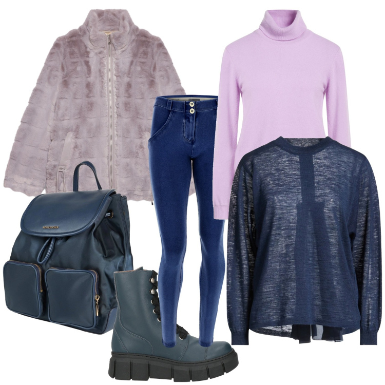 Outfit donna - Total look #2316855. Stile Casual chic per Ufficio. Abbinamento con stivaletti, zaini, pullovers, maglieria, jeggings, ecopellicce.