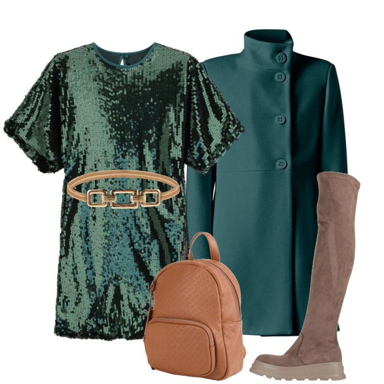 Outfit donna - Sabato. Stile Glamour per Serata fuori. Abbinamento con stivali sopra il ginocchio, zaini, vestiti corti, cappotti, cinture.