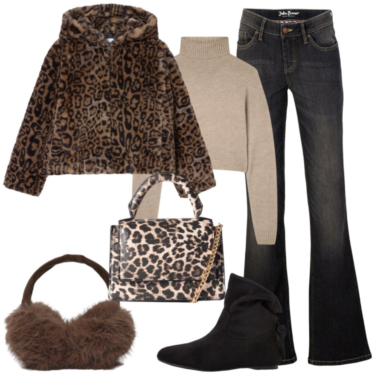 Outfit donna - Inverno 🪾. Stile Trendy per Tutti i giorni. Abbinamento con jeans bootcut, stivaletti, cappelli, ecopellicce, borse a tracolla, maglieria.