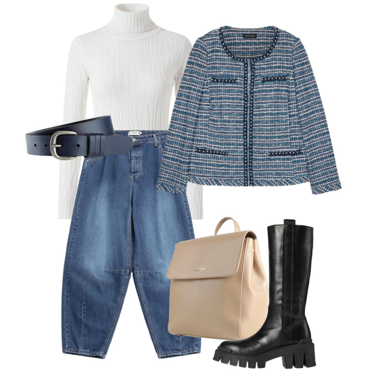 Outfit donna - Gennaio balloons. Stile Casual chic per Ufficio. Abbinamento con cinture, zaini, stivali, jeans, maglieria, blazer.