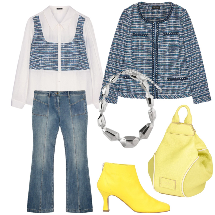 Outfit donna - Primavera. Stile Bon Ton per Ufficio. Abbinamento con zaini, stivaletti, camicie, jeans, blazer, ciondoli.