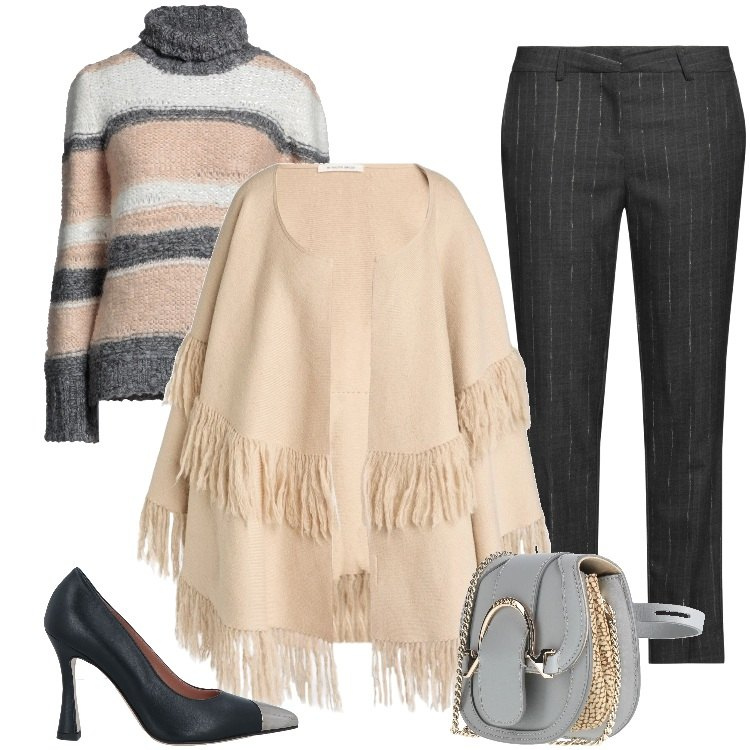 Outfit donna - Total look #2316885. Stile Boho per Ufficio. Abbinamento con pantaloni, maglieria, décolleté, cappe, marsupi.