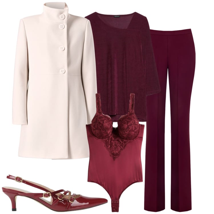 Outfit donna - Gennaio. Stile Trendy per Tutti i giorni. Abbinamento con body, décolleté, pantaloni, cappotti, bluse.