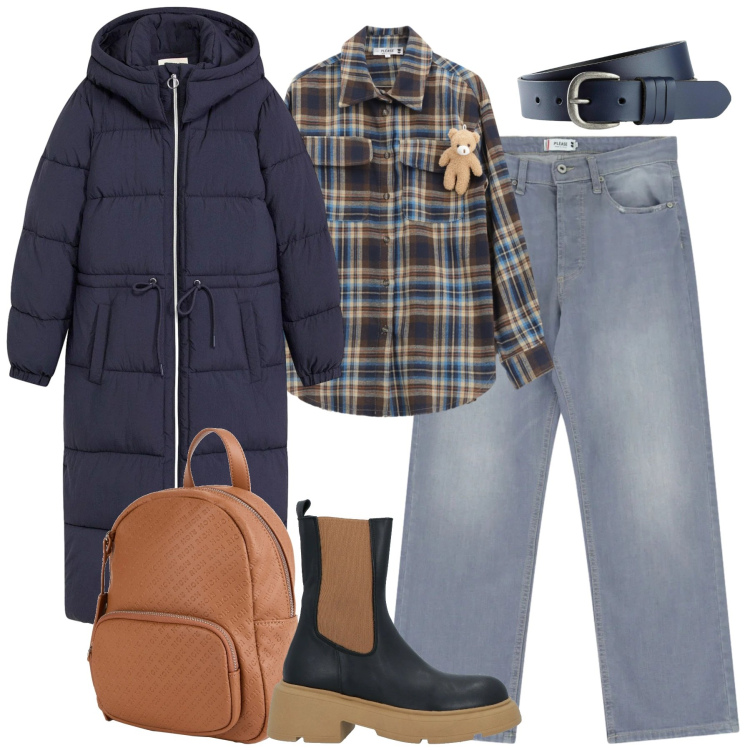 Outfit donna - City. Stile Casual per Tutti i giorni. Abbinamento con piumini, cinture, stivaletti, zaini, camicie, jeans dritti.