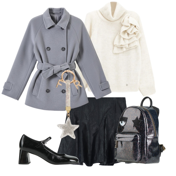 Outfit donna - Dettagli che luccicano. Stile Casual chic per Tutti i giorni. Abbinamento con décolleté, zaini, maglieria, minigonne, caban, portachiavi.