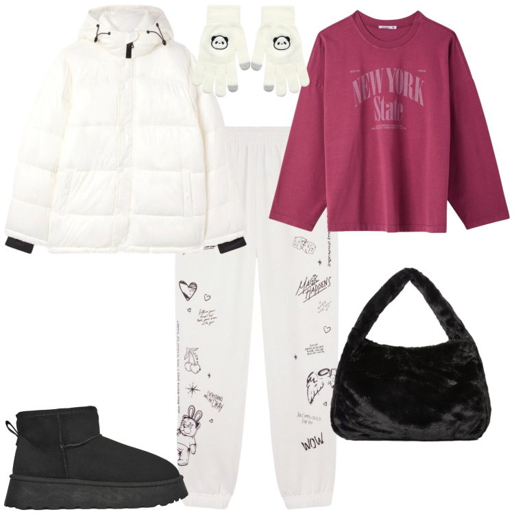 Outfit donna - Urban in bianco colore pantone 2026. Stile Urban per Tutti i giorni. Abbinamento con pantaloni, t-shirt, stivaletti, guanti, bomber, borse a spalla.