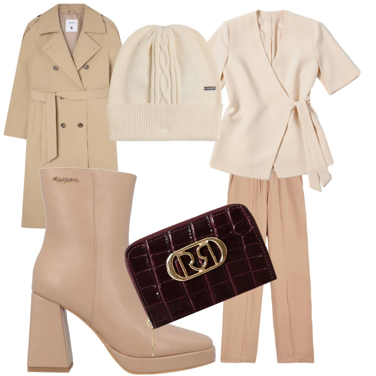 Outfit donna - Rientro in ufficio. Stile Casual chic per Tutti i giorni. look ideale per Tall. Abbinamento con stivaletti, trench, bluse, portafogli, pantaloni, berretti.