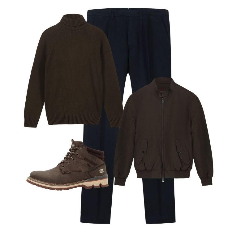 Outfit uomo - Blu navy e marrone scuro. Stile Urban per Tutti i giorni. Abbinamento con stivali e stivaletti, pantaloni, bomber, pullovers.
