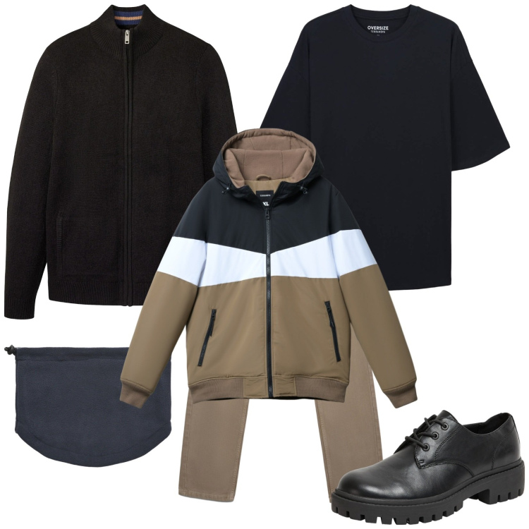 Outfit uomo - Minimal. Stile Casual per Tutti i giorni. Abbinamento con cardigans, scarpe stringate, jeans, piumini, t-shirt, scaldacollo.