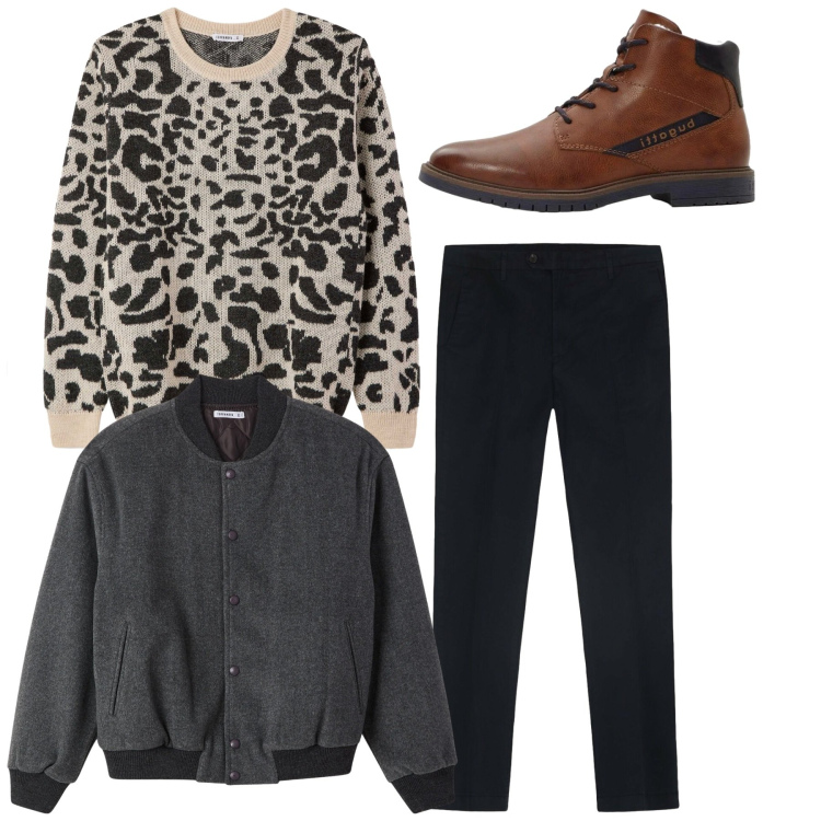 Outfit uomo - Total look. Stile Trendy per Tutti i giorni. Abbinamento con anfibi, bomber, maglieria, pantaloni.
