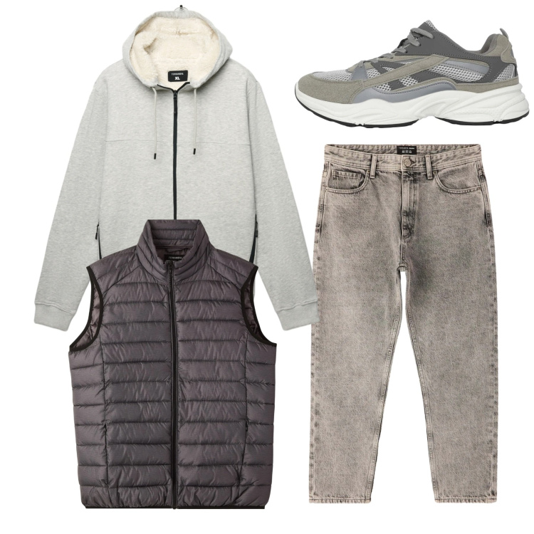 Outfit uomo - Total look. Stile Urban per Tutti i giorni. Abbinamento con sneakers, jeans dritti, piumini, felpe con cappuccio.
