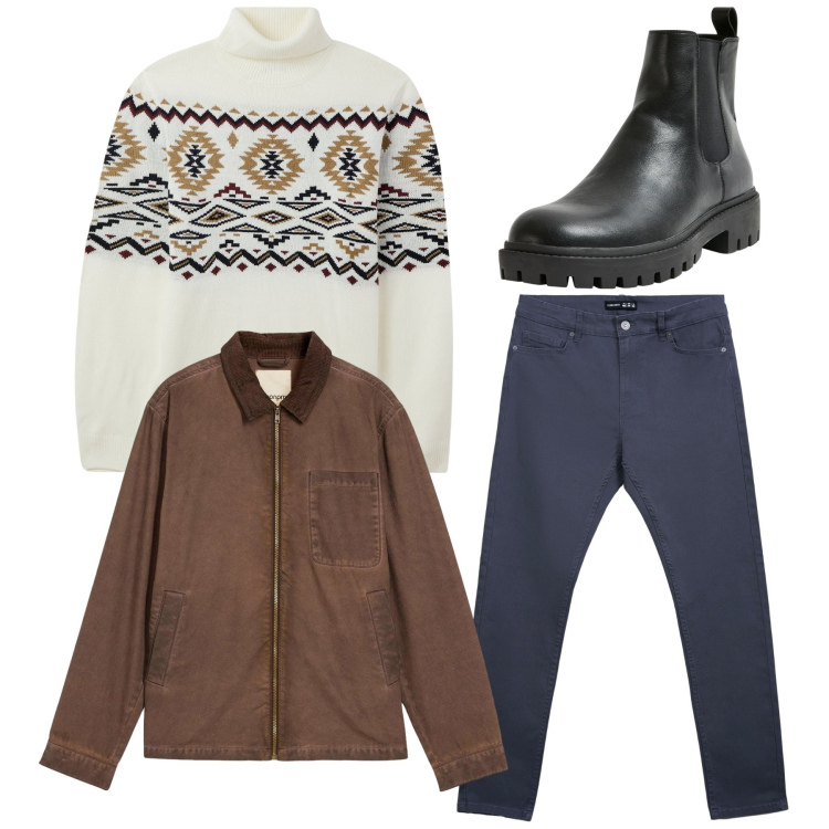 Outfit uomo - Total look. Stile Casual per Tutti i giorni. Abbinamento con giacche, maglieria, pantaloni skinny, stivali e stivaletti.