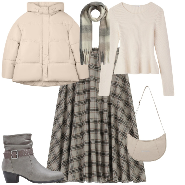 Outfit donna - Casual chic ogni giorno. Stile Casual chic per Ufficio. Abbinamento con stivaletti, bomber, sciarpe, maglieria, gonne longuette, borse a spalla.