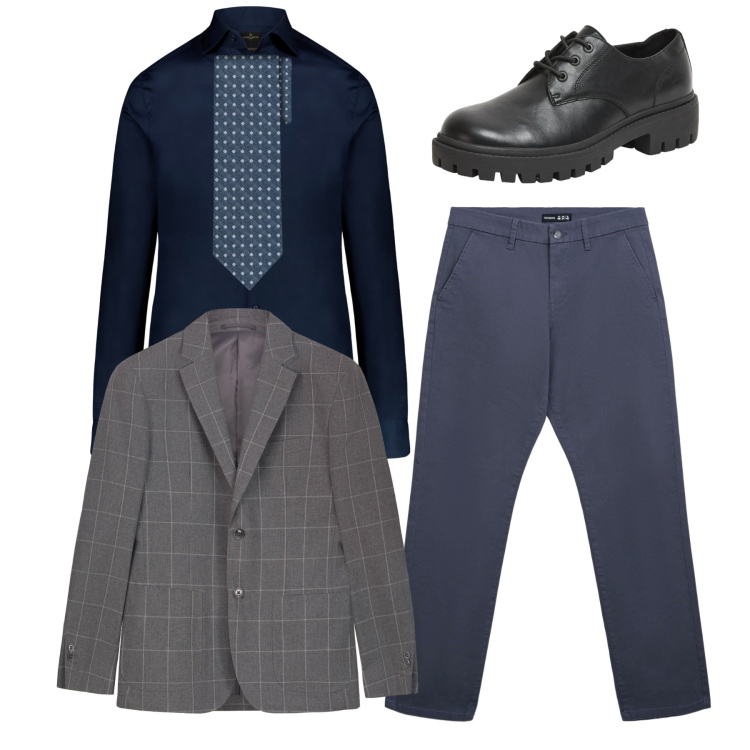Outfit uomo - Total look. Stile Business/Elegante per Ufficio. Abbinamento con scarpe stringate, pantaloni chino, camicie, cravatte, giacche.