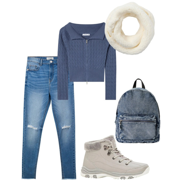 Outfit donna - Grintosi. Stile Casual per Tutti i giorni. Abbinamento con stivaletti, cardigans, jeans strappati, zaini, sciarpe.