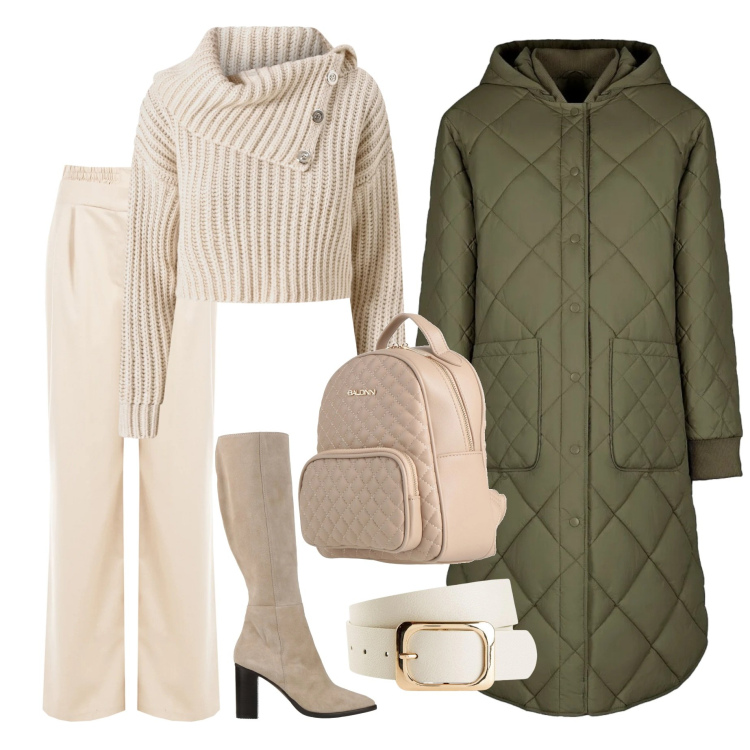 Outfit donna - Il piumino contro il freddo di gennaio. Stile Urban per Tutti i giorni. Abbinamento con cinture, stivali, zaini, piumini, maglieria, pantaloni a palazzo.
