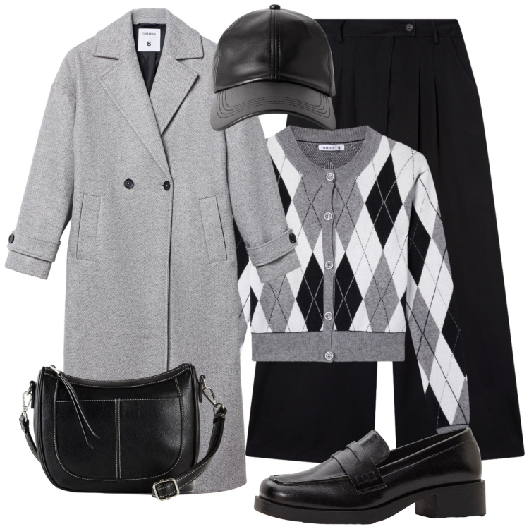 Outfit donna - nuovo look per l\'ufficio. Stile Mannish per Ufficio. Abbinamento con mocassini, borse a tracolla, cappotti, cappelli con visiera, cardigans, pantaloni.
