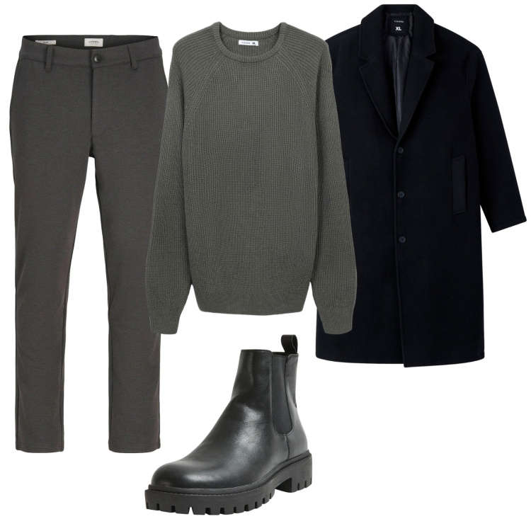Outfit uomo - Grigio e Nero. Stile Trendy per Tutti i giorni. Abbinamento con pantaloni chino, maglieria, stivali e stivaletti, cappotti.