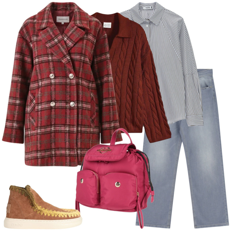 Outfit donna - Si va a lezione. Stile Trendy per Scuola/Università. Abbinamento con maglieria, zaini, stivaletti, camicie, jeans dritti, cappotti.