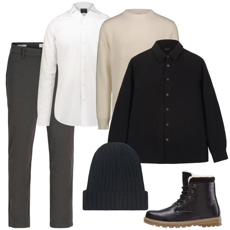 Outfit uomo - Minimal al freddo. Stile Casual per Tutti i giorni. Abbinamento con stivali e stivaletti, pantaloni chino, camicie, berretti, maglieria, cappotti.