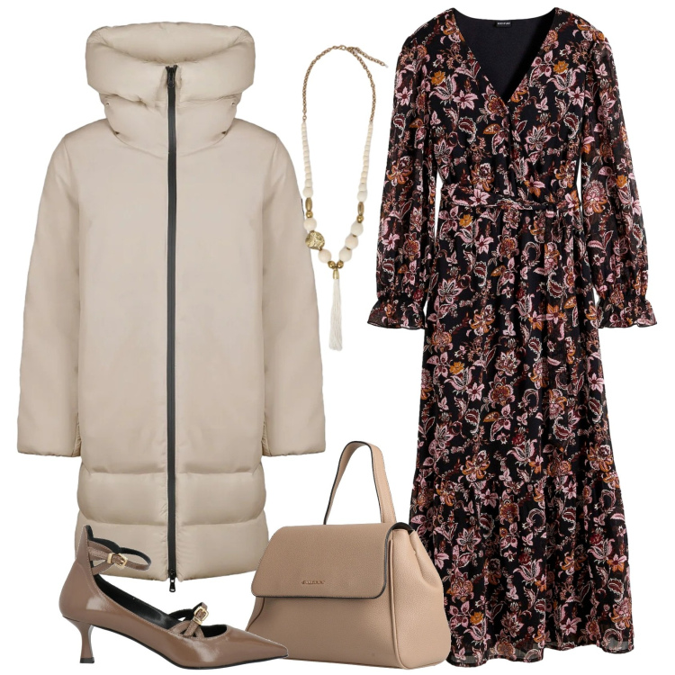 Outfit donna - Caldo abbraccio. Stile Chic per Serata fuori. Abbinamento con vestiti lunghi, zaini, décolleté, cappotti, ciondoli.