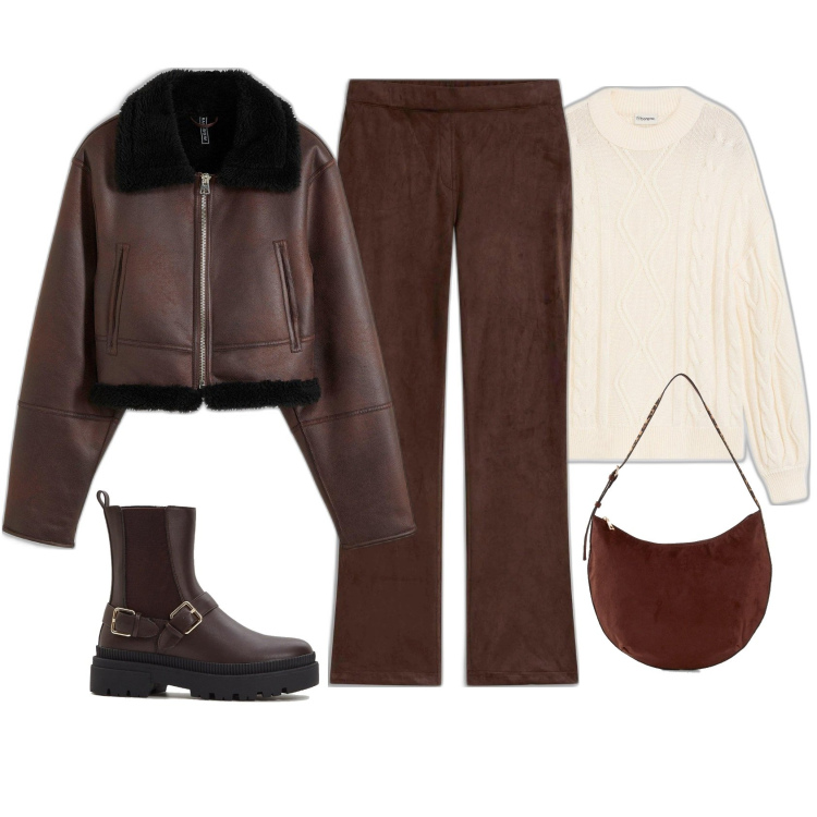 Outfit femme - Blouson col fourrure. Style Casual pour Tous les jours. Assortir avec boots, sacs en bandoulière, pulls, pantalon , blazers.