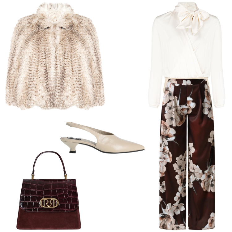 Outfit donna - Il fiore delle 4 stagioni. Stile Glamour per Serata fuori. Abbinamento con décolleté, ecopellicce, bluse, pantaloni a palazzo, borse a mano.