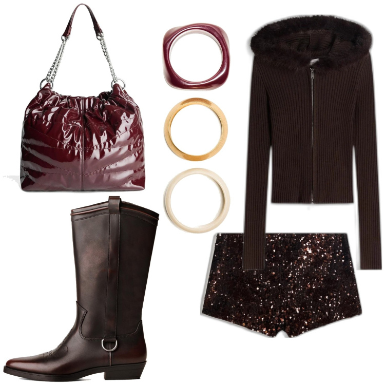 Outfit mujer - Trendy look. Estilo Trendy para Noche/Fiesta elegante. Combinación con botines, cárdigans, pulseras, bolsos saco, shorts.