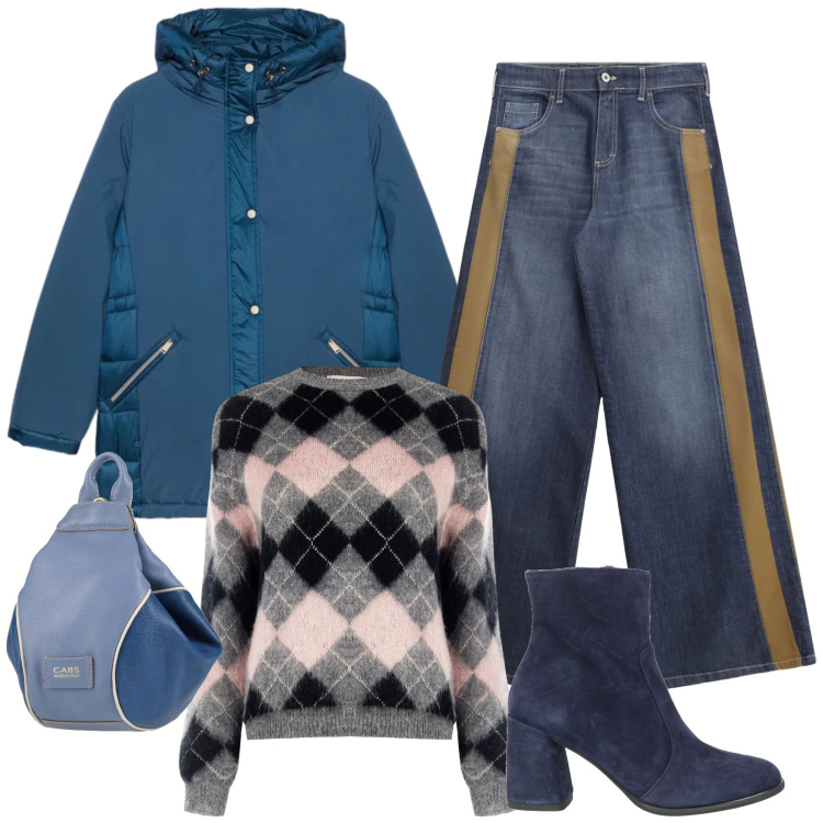Outfit donna - Deep Winter. Stile Casual per Tutti i giorni. Abbinamento con stivaletti, zaini, jeans a zampa, maglieria, piumini.