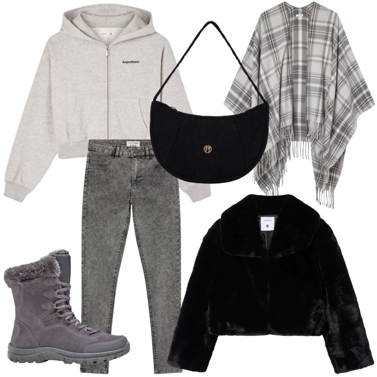 Outfit donna - Dinamica. Stile Casual per Scuola/Università. Abbinamento con stivaletti, jeggings, felpe con cappuccio, cappotti, ecopellicce, borse a mano.