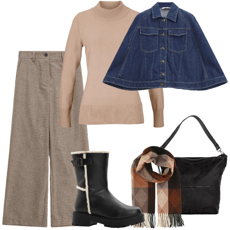 Outfit donna - Pantaloni stampa quadretti. Stile Casual per Ufficio. Abbinamento con stivali, borse a spalla, maglieria, pantaloni a palazzo, sciarpe, blazer.