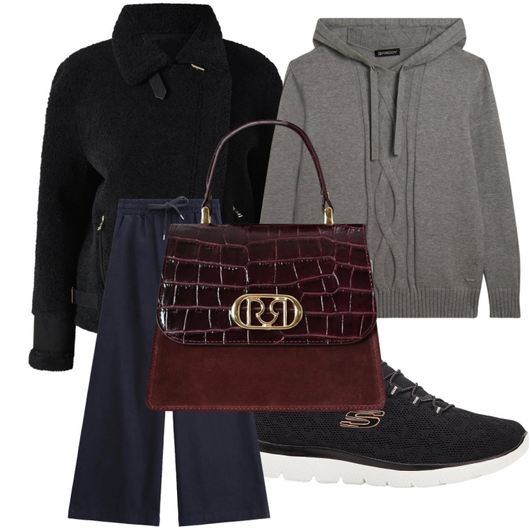 Outfit donna - Gennaio freddo. Stile Casual per Ufficio. Abbinamento con sneakers, jeans, maglieria, borse a mano, ecopellicce.