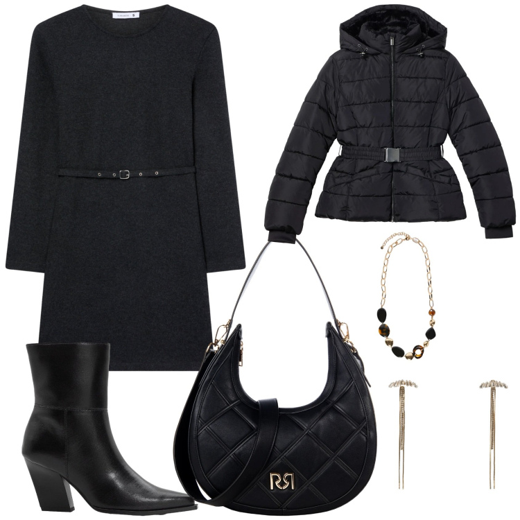 Outfit donna - Brunch stiloso. Stile Casual chic per Tutti i giorni. look ideale per Tall. Abbinamento con stivaletti, vestiti midi/longuette, piumini, orecchini, borse a tracolla, collane.