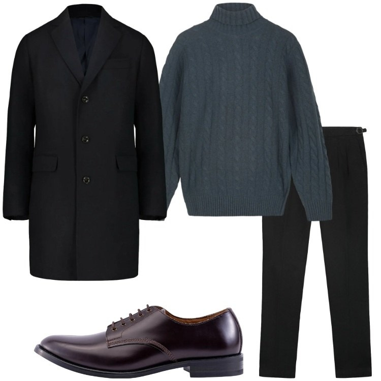Outfit uomo - Minimal freddo. Stile Business/Elegante per Ufficio. Abbinamento con pantaloni, scarpe stringate, cappotti, maglieria.
