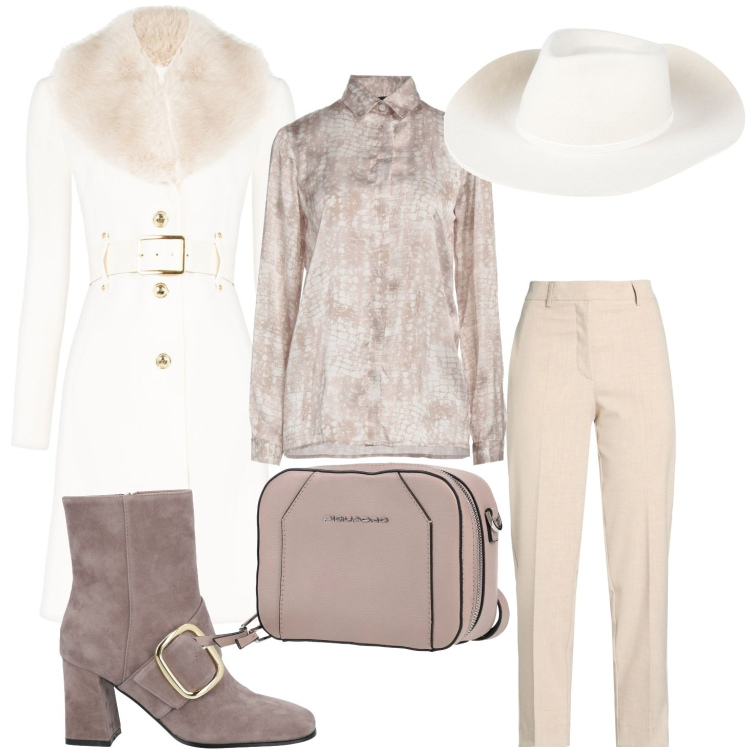 Outfit donna - Gennaio. Stile Chic per Serata fuori. Abbinamento con pantaloni, camicie, stivaletti, cappelli, marsupi, cappotti.
