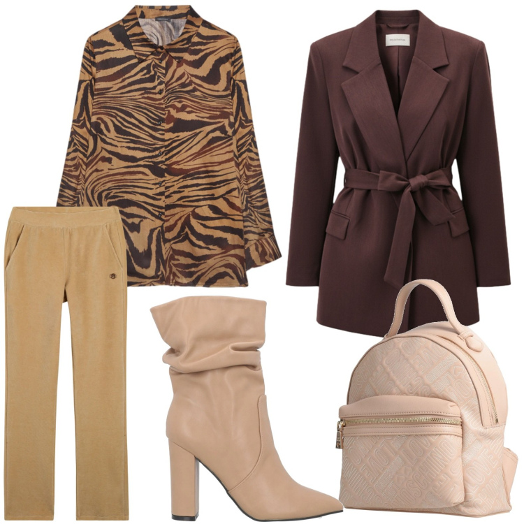 Outfit donna - Beige e martone. Stile Chic per Ufficio. Abbinamento con stivaletti, zaini, pantaloni, blazer, camicie.