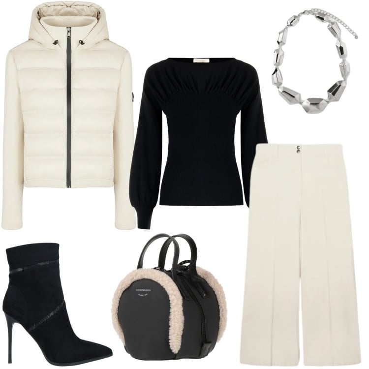 Outfit donna - Apres Ski... con stile!. Stile Minimal per Tutti i giorni. Abbinamento con zaini, stivaletti, piumini, maglieria, pantaloni chino, ciondoli.