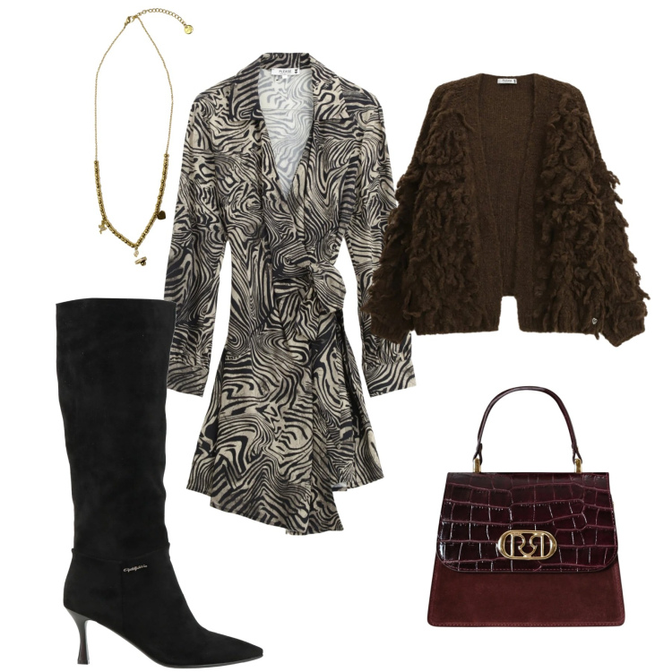 Outfit donna - Fresca e libera. Stile Bon Ton per Serata fuori. Abbinamento con stivali, cardigans, vestiti corti, ciondoli, borse a mano.