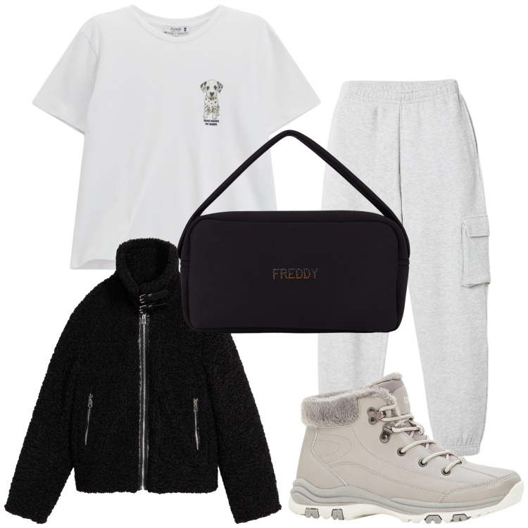 Outfit donna - Fuori col cane. Stile Casual per Tutti i giorni. Abbinamento con stivaletti, ecopellicce, pantaloni, t-shirt, borse a mano.