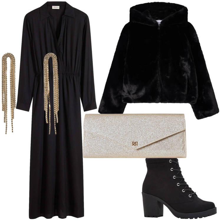 Outfit donna - Serata fredda ma al ristorante. Stile Glamour per Serata fuori. Abbinamento con vestiti lunghi, stivaletti, ecopellicce, orecchini, pochette.