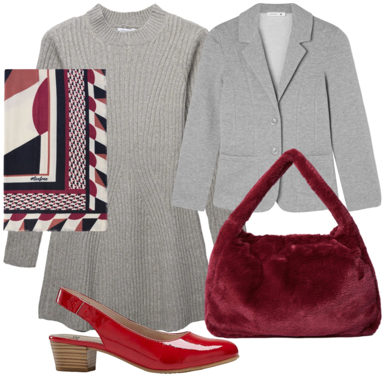 Outfit donna - Il rosso sul grigio. Stile Basic per Ufficio. Abbinamento con décolleté, vestiti corti, blazer, borse a spalla, foulard.