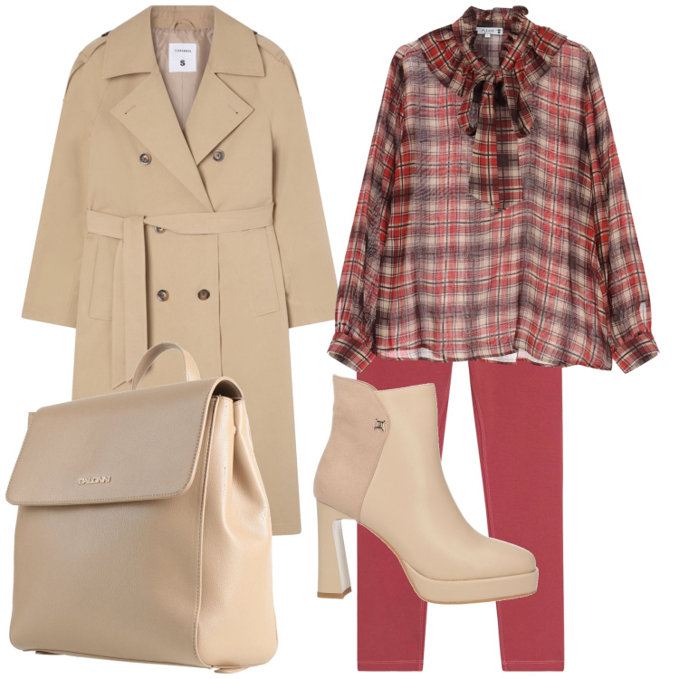 Outfit donna - Un ufficio coi fiocchi. Stile Urban per Ufficio. Abbinamento con stivaletti, zaini, trench, bluse, leggings.