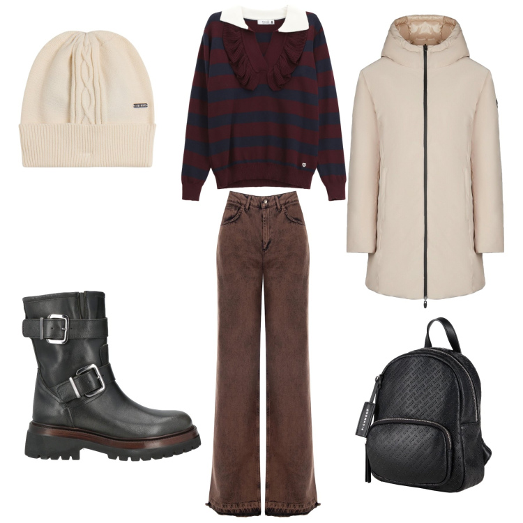 Outfit donna - Total look #2317036. Stile Casual chic per Tutti i giorni. Abbinamento con stivaletti, zaini, jeans dritti, pullovers, berretti, piumini.