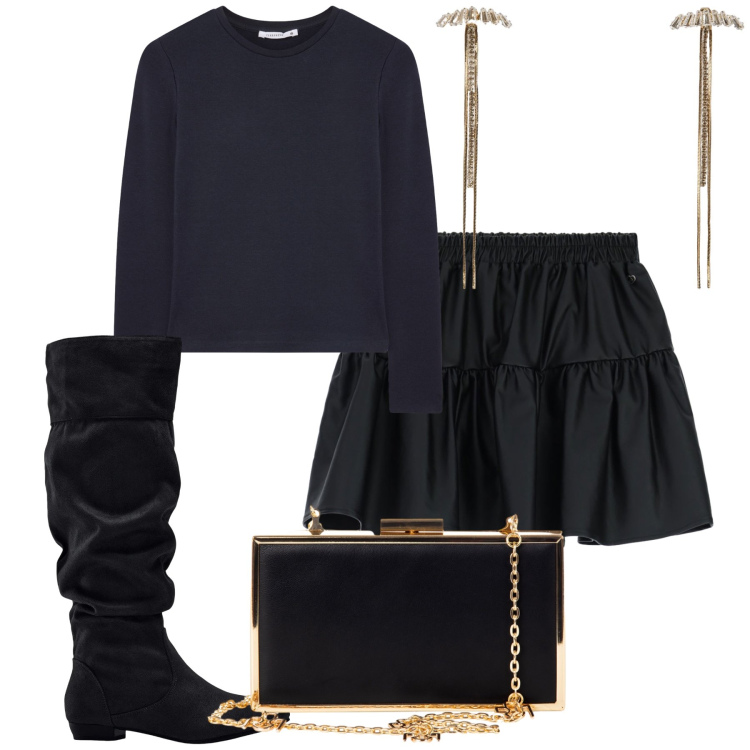Outfit donna - L eleganza del nero. Stile Glamour per Serata fuori. Abbinamento con stivali, t-shirt, orecchini, minigonne, pochette.