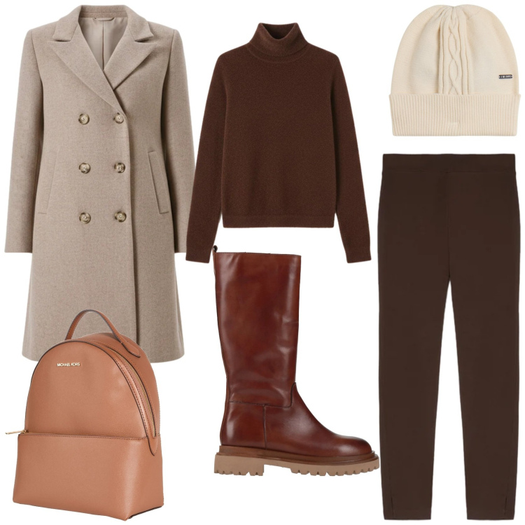 Outfit donna - Il rientro in ufficio. Stile Urban per Ufficio. Abbinamento con zaini, stivali, pullovers, cappotti, berretti, leggings.