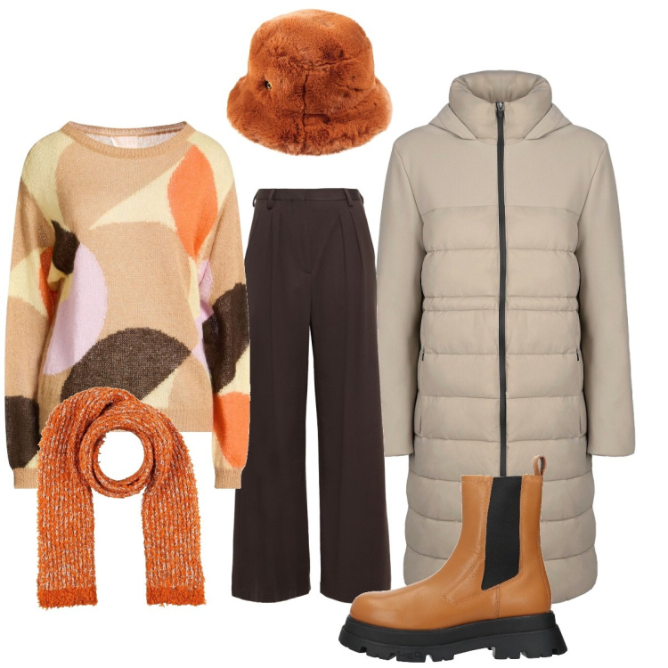 Outfit donna - Caldo…arancione…. Stile Casual chic per Tutti i giorni. Abbinamento con stivaletti chelsea, cappelli, pantaloni, sciarpe, pullovers, cappotti.